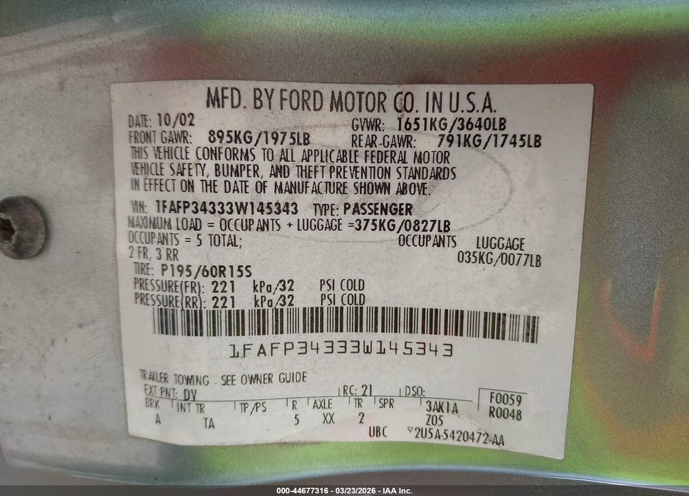 2003 FORD FOCUS SE VIN: 1FAFP34333W145343