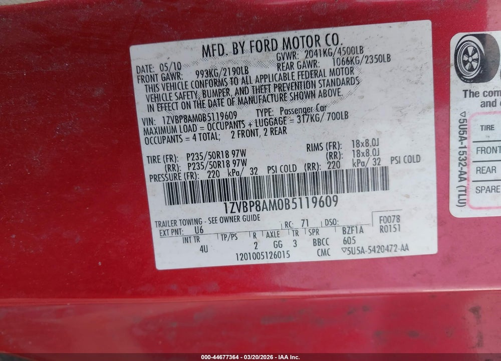 2011 FORD MUSTANG V6 PREMIUM VIN: 1ZVBP8AM0B5119609