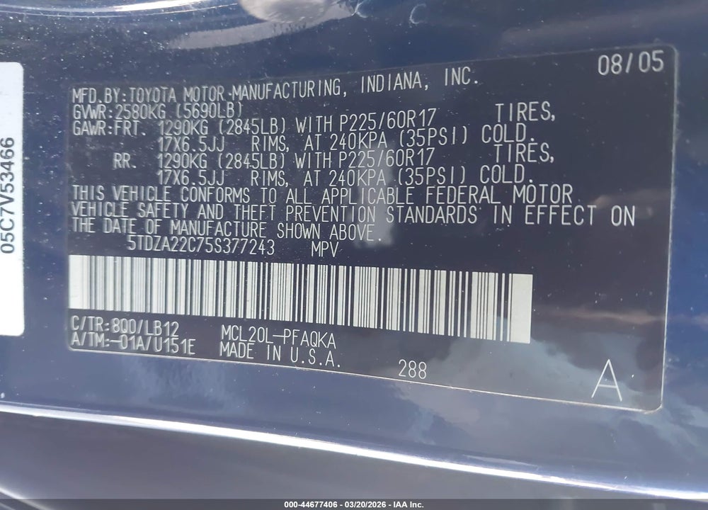 2005 TOYOTA SIENNA XLE LIMITED VIN: 5TDZA22C75S377243
