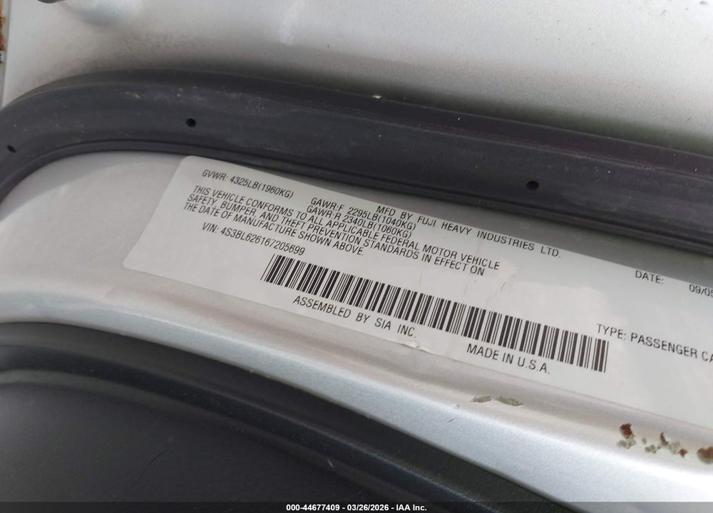 2006 SUBARU LEGACY 2.5I/2.5I LIMITED VIN: 4S3BL626167205699