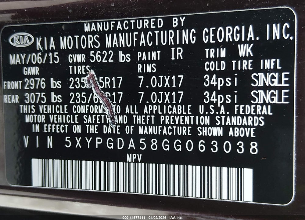 2016 KIA SORENTO 3.3L LX VIN: 5XYPGDA58GG063038
