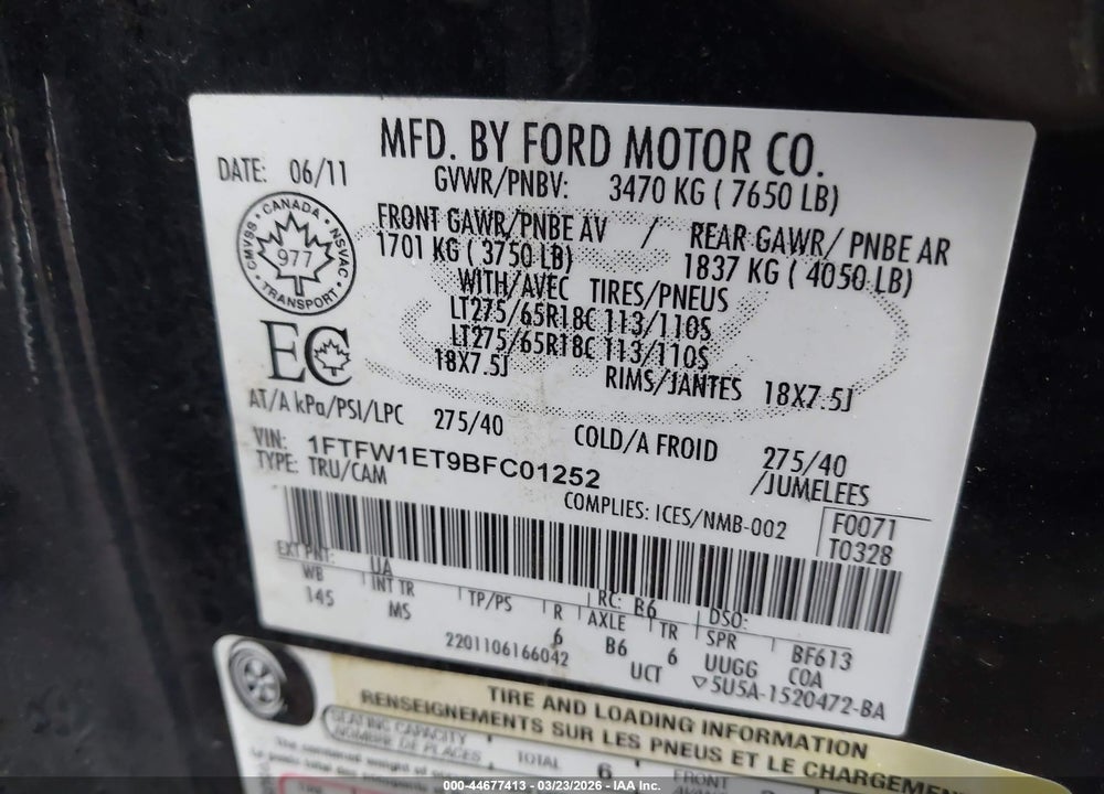 2011 FORD F-150 XLT VIN: 1FTFW1ET9BFC01252