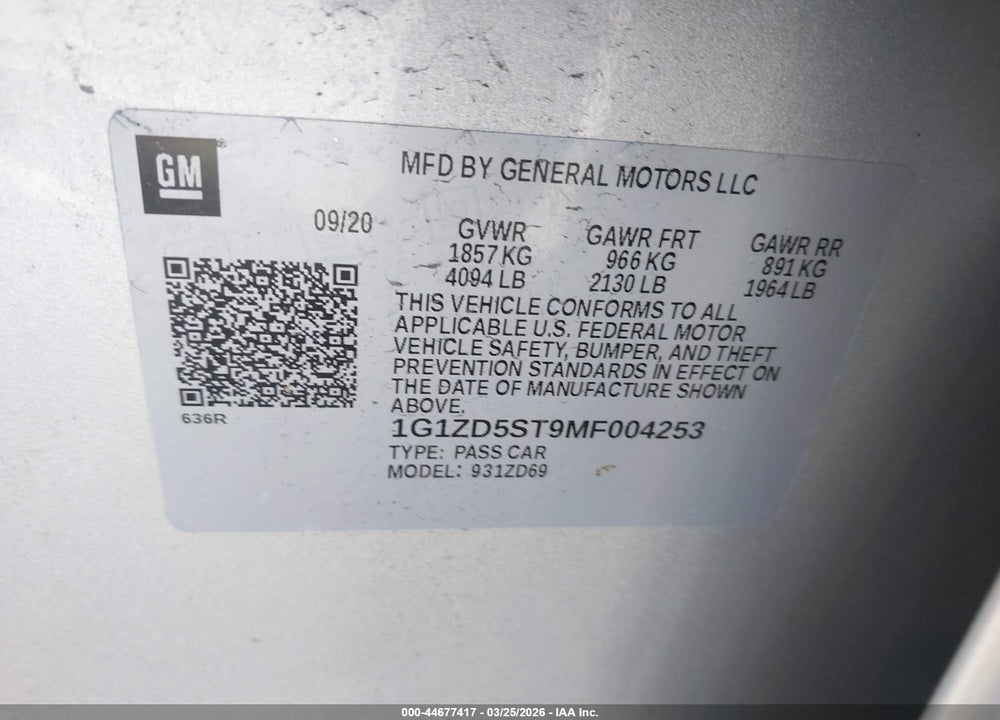 2021 CHEVROLET MALIBU FWD LT VIN: 1G1ZD5ST9MF004253