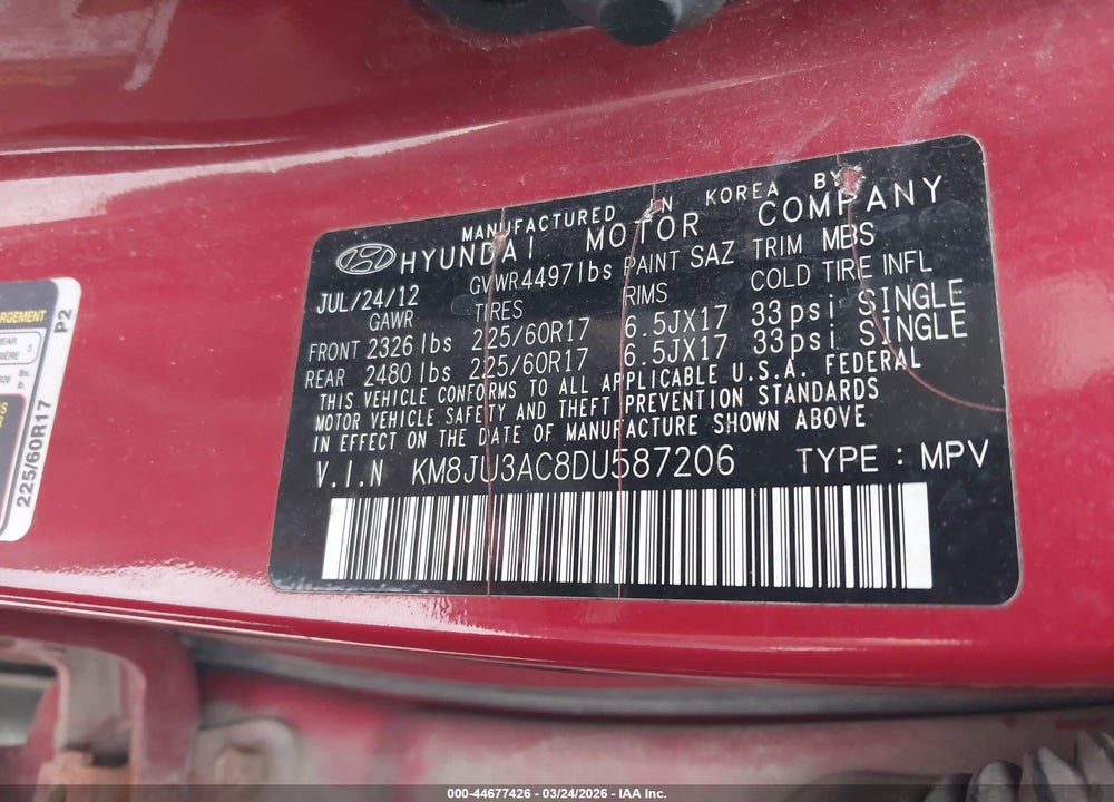 2013 HYUNDAI TUCSON GLS VIN: KM8JU3AC8DU587206