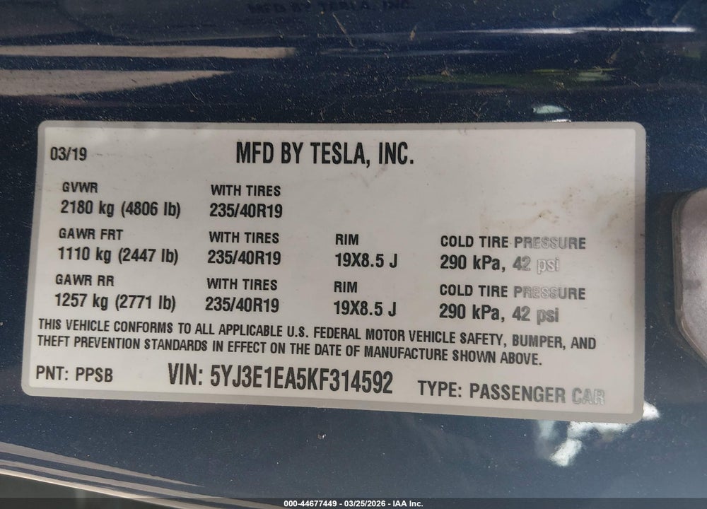 2019 TESLA MODEL 3 LONG RANGE/MID RANGE/STANDARD RANGE/STANDARD RANGE PLUS VIN: 5YJ3E1EA5KF314592