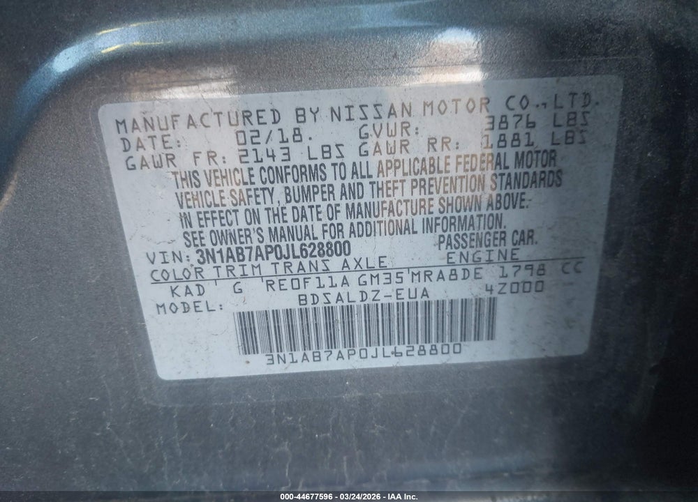 2018 NISSAN SENTRA SV VIN: 3N1AB7AP0JL628800