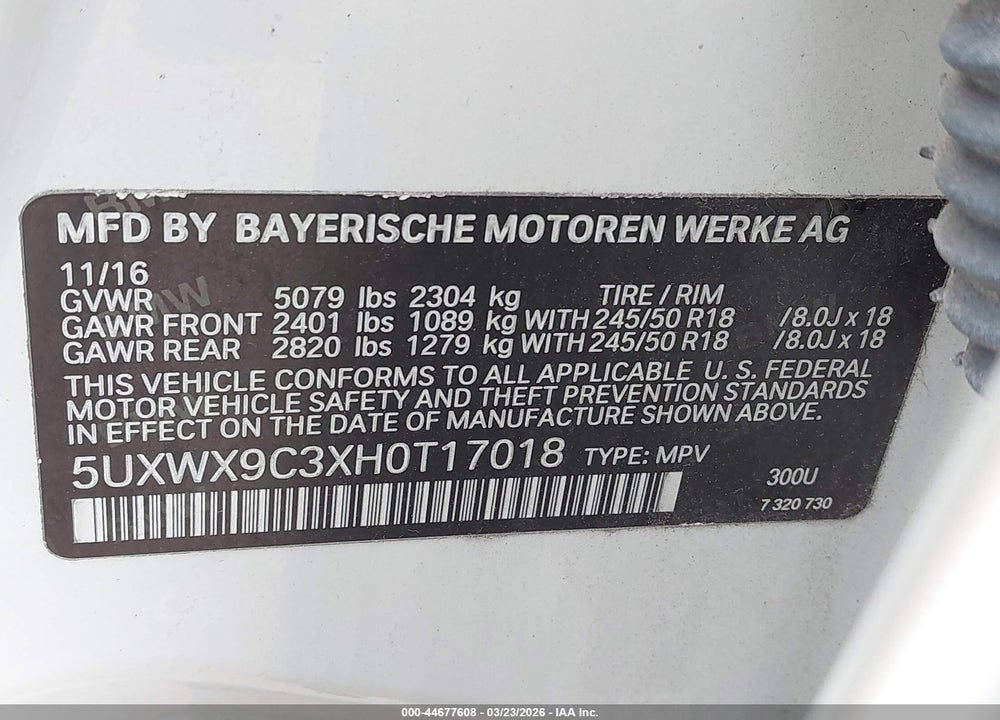 2017 BMW X3 XDRIVE28I VIN: 5UXWX9C3XH0T17018