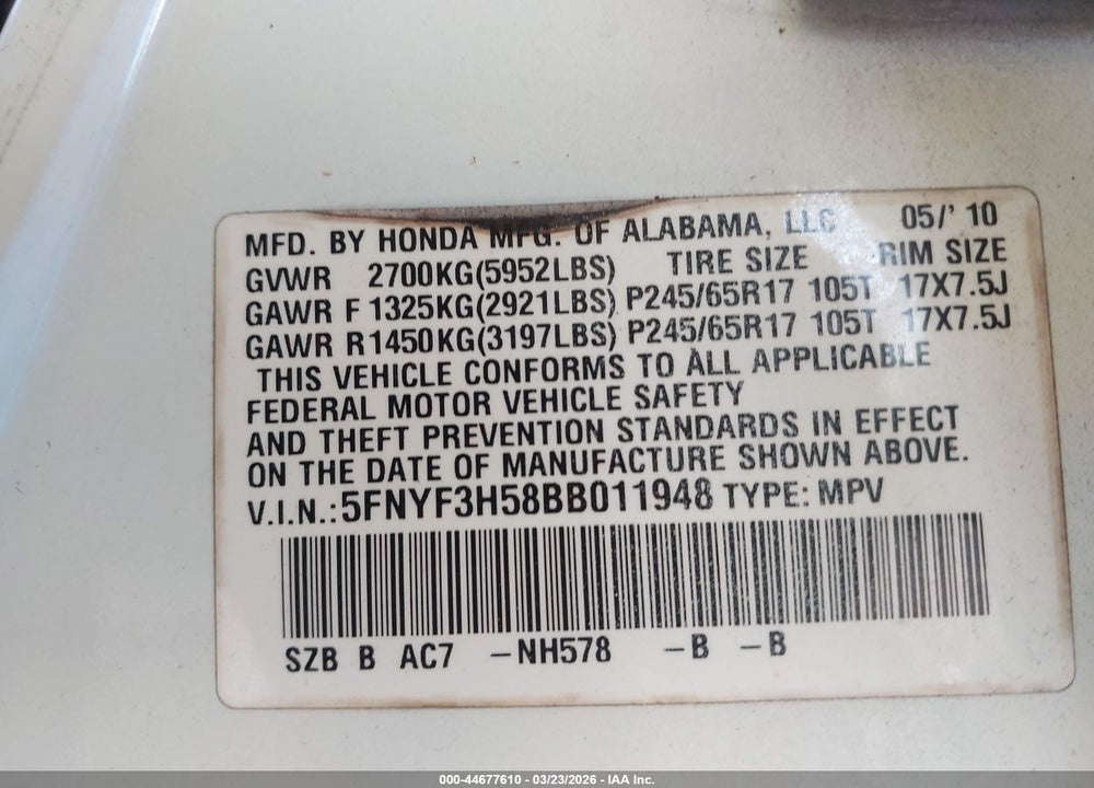 2011 HONDA PILOT EX-L VIN: 5FNYF3H58BB011948