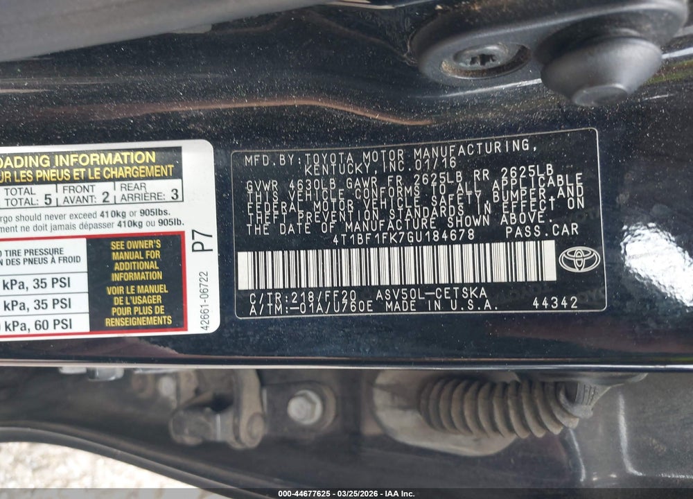 2016 TOYOTA CAMRY SE VIN: 4T1BF1FK7GU184678