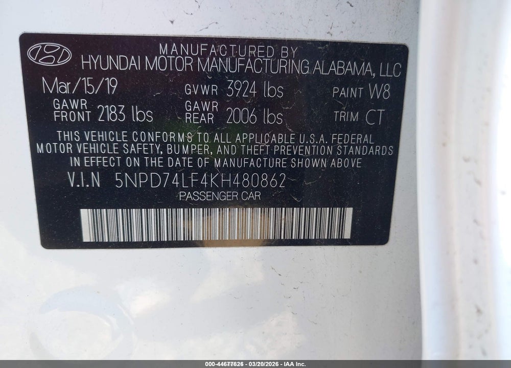 2019 HYUNDAI ELANTRA SE VIN: 5NPD74LF4KH480862