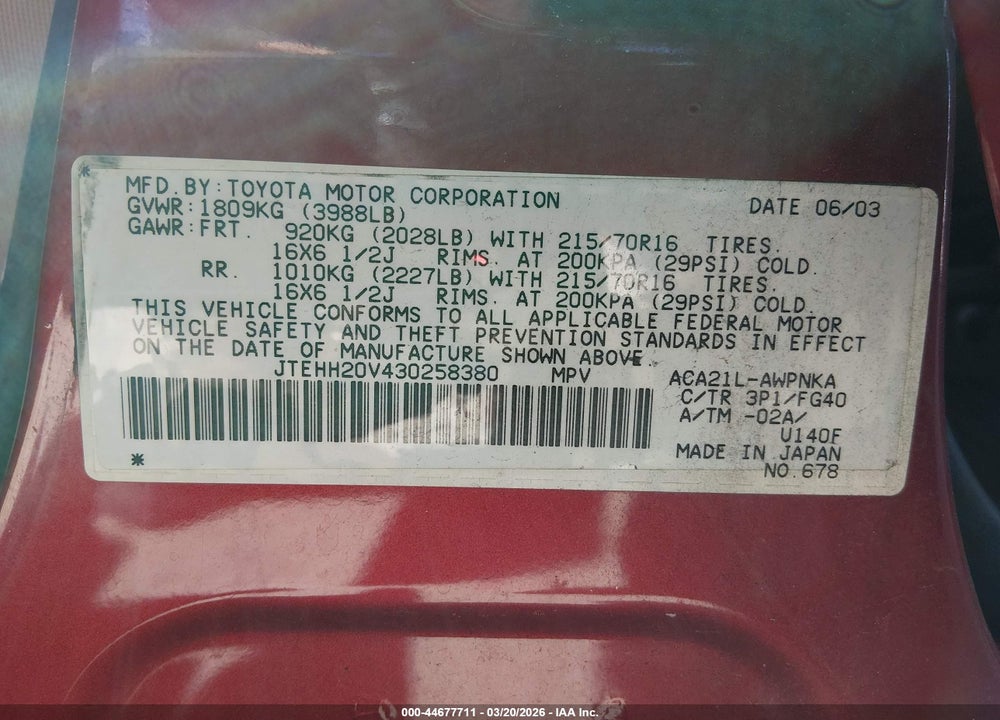 2003 TOYOTA RAV4 VIN: JTEHH20V430258380