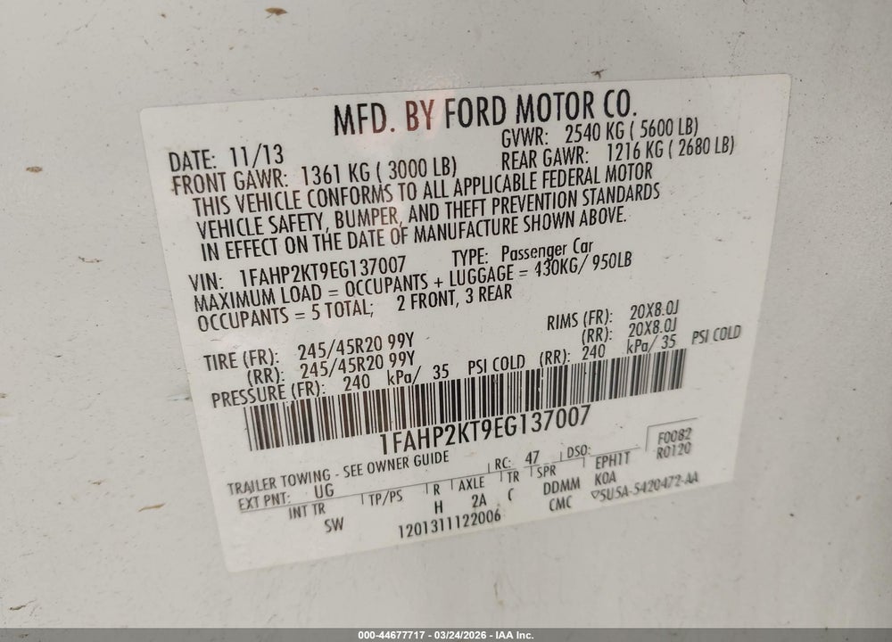 2014 FORD TAURUS SHO VIN: 1FAHP2KT9EG137007