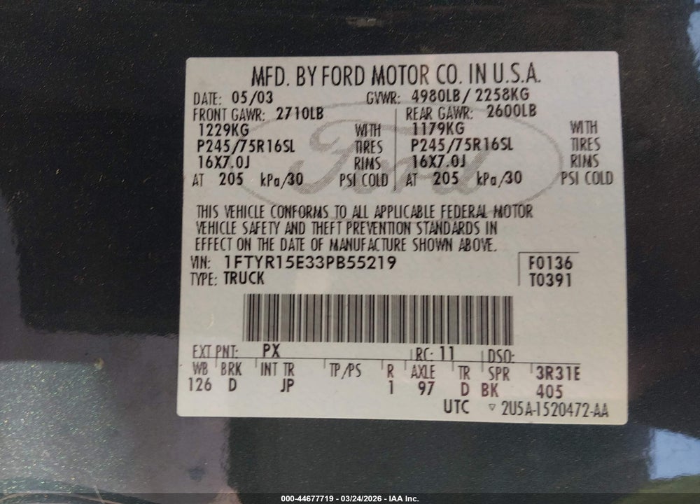 2003 FORD RANGER XLT VIN: 1FTYR15E33PB55219