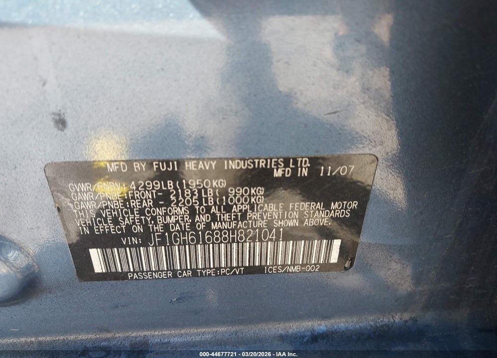 2008 SUBARU IMPREZA 2.5I VIN: JF1GH61688H821041