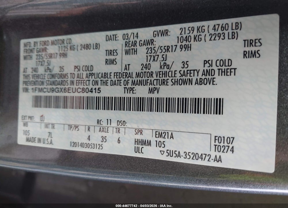 2014 FORD ESCAPE SE VIN: 1FMCU9GX6EUC80415