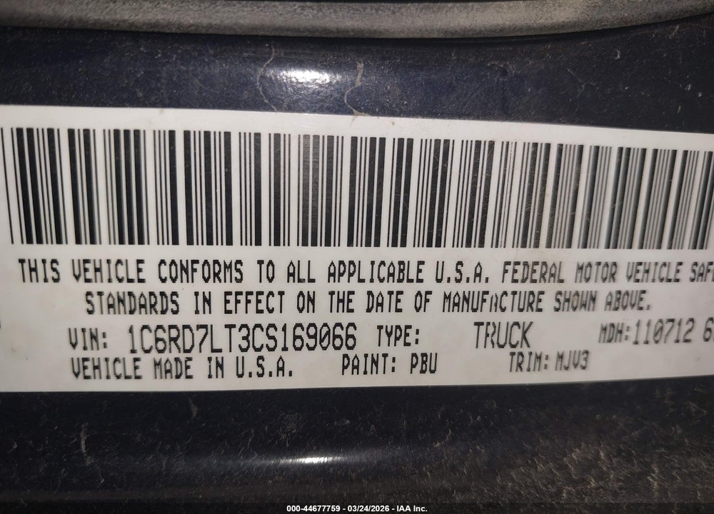 2012 RAM 1500 SLT VIN: 1C6RD7LT3CS169066