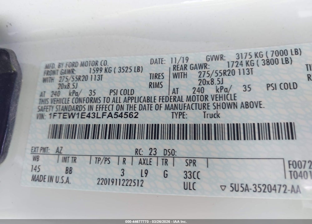 2020 FORD F-150 PLATINUM VIN: 1FTEW1E43LFA54562