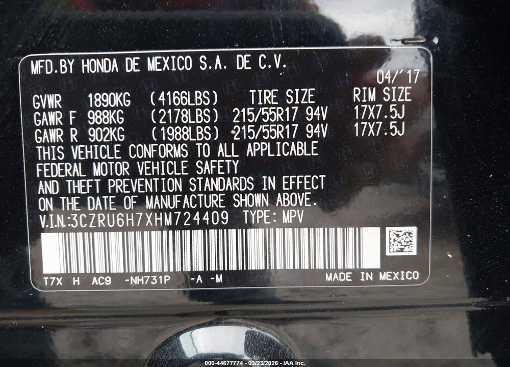 2017 HONDA HR-V EX-L VIN: 3CZRU6H7XHM724409