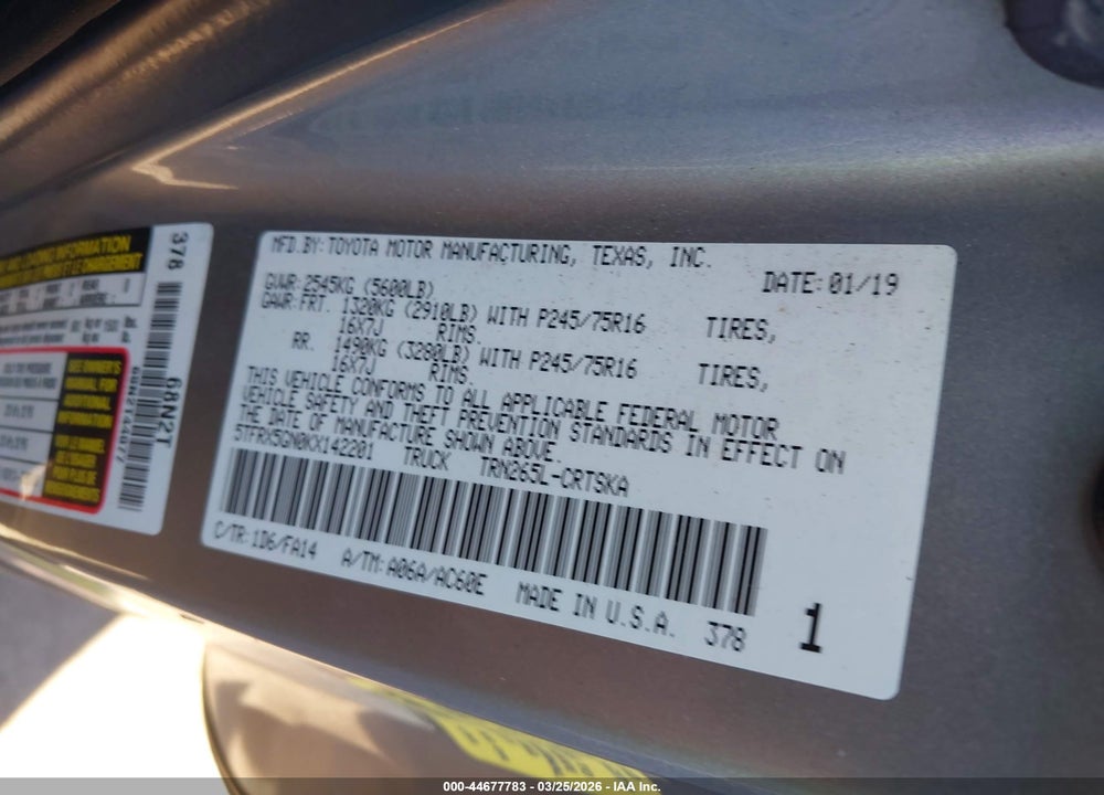 2019 TOYOTA TACOMA SR VIN: 5TFRX5GN0KX142201