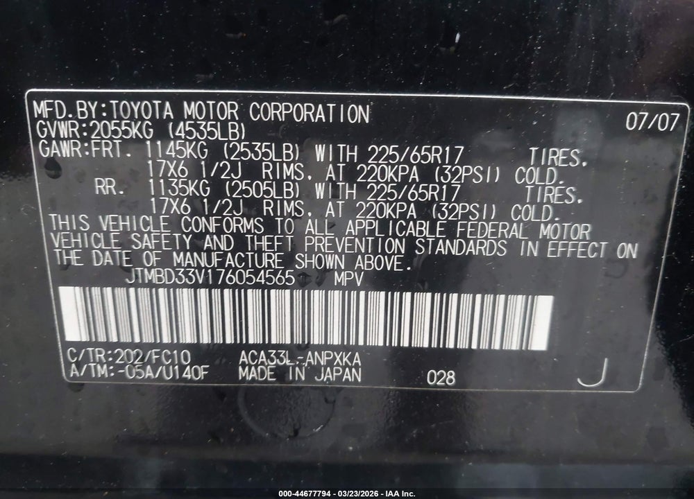2007 TOYOTA RAV4 VIN: JTMBD33V176054565