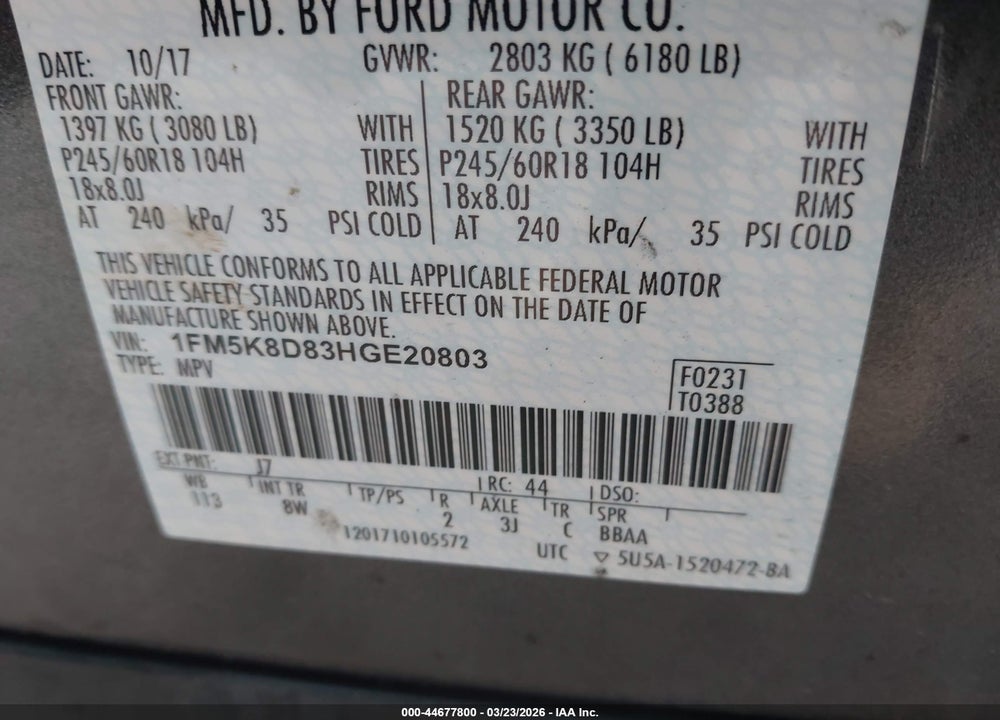 2017 FORD EXPLORER XLT VIN: 1FM5K8D83HGE20803