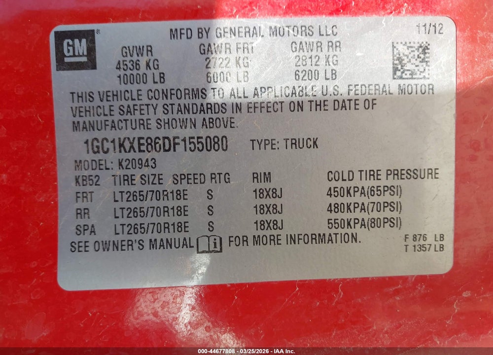 2013 CHEVROLET SILVERADO 2500HD LT VIN: 1GC1KXE86DF155080