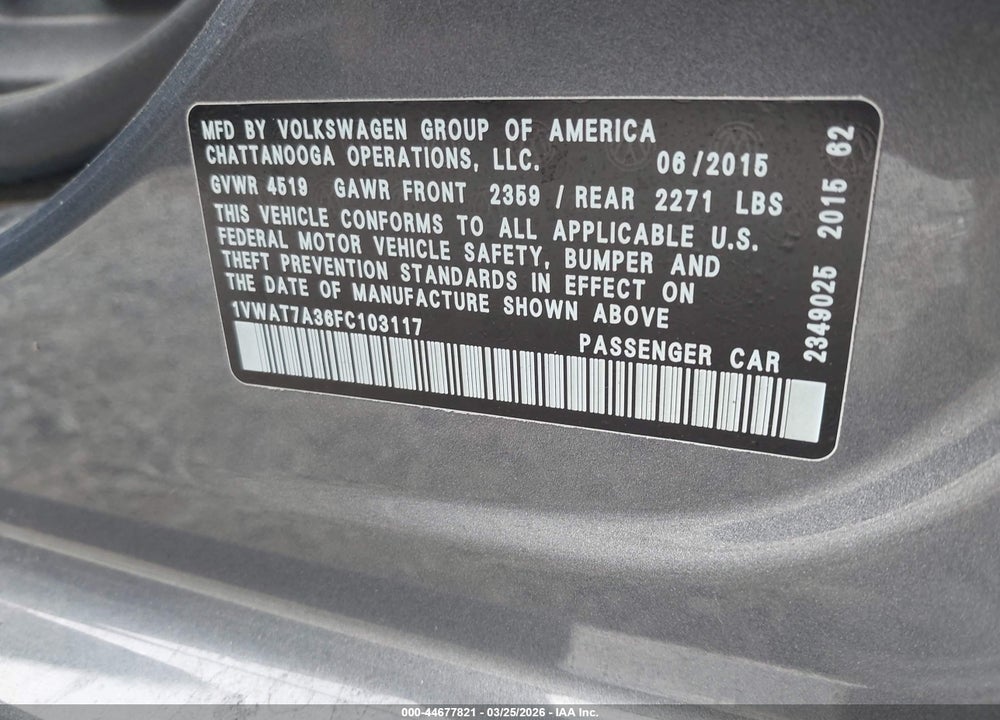 2015 VOLKSWAGEN PASSAT 1.8T LIMITED EDITION VIN: 1VWAT7A36FC103117