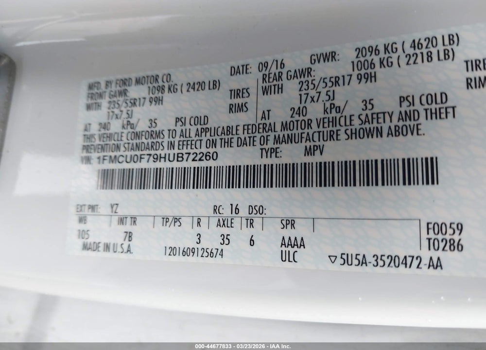 2017 FORD ESCAPE S VIN: 1FMCU0F79HUB72260