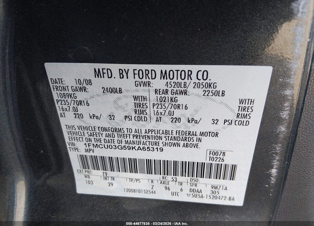 2009 FORD ESCAPE XLT VIN: 1FMCU03G59KA65319