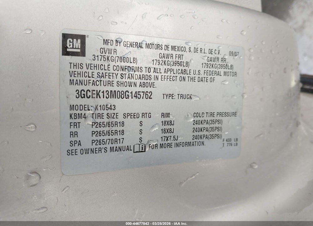 2008 CHEVROLET SILVERADO 1500 LTZ VIN: 3GCEK13M08G145762