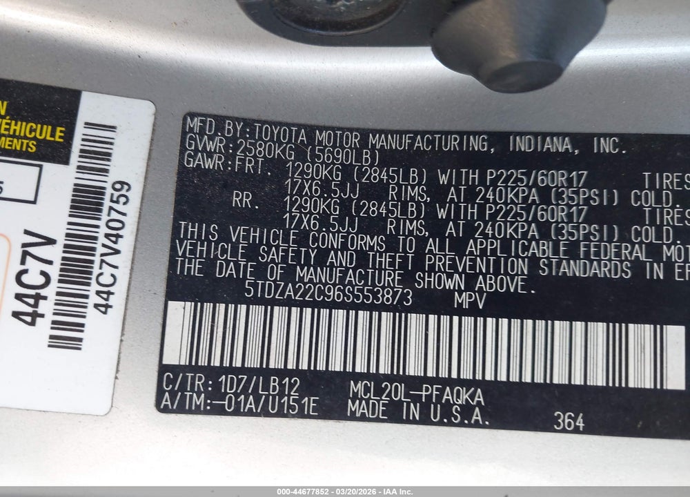 2006 TOYOTA SIENNA XLE VIN: 5TDZA22C96S553873