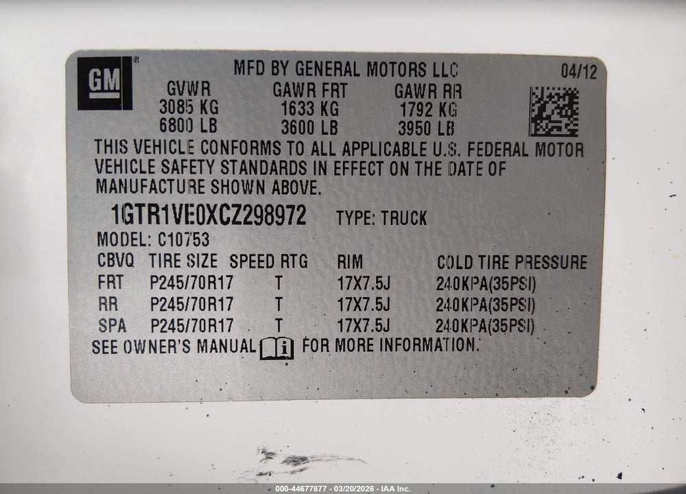 2012 GMC SIERRA 1500 SLE VIN: 1GTR1VE0XCZ298972