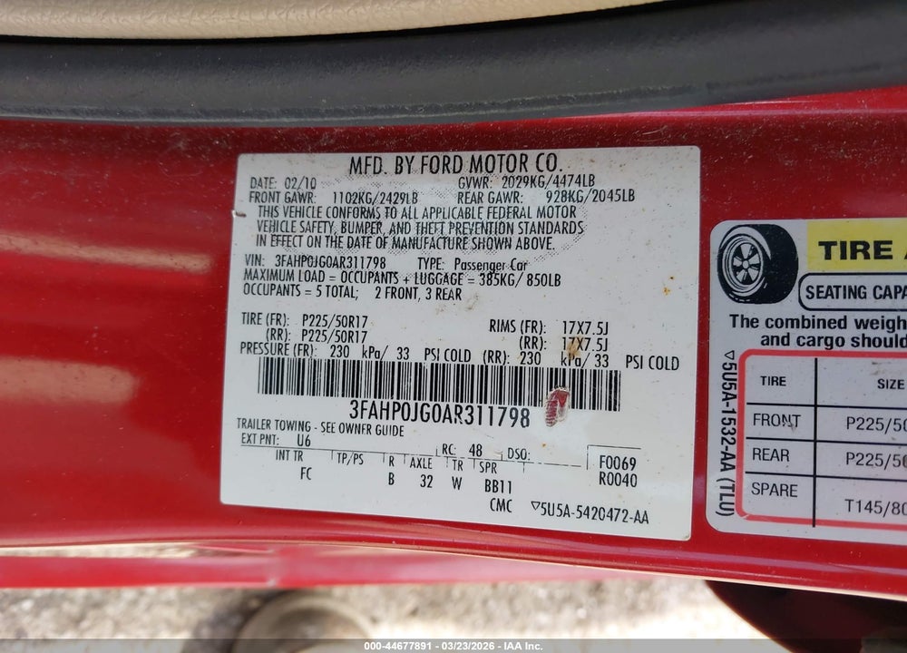 2010 FORD FUSION SEL VIN: 3FAHP0JG0AR311798