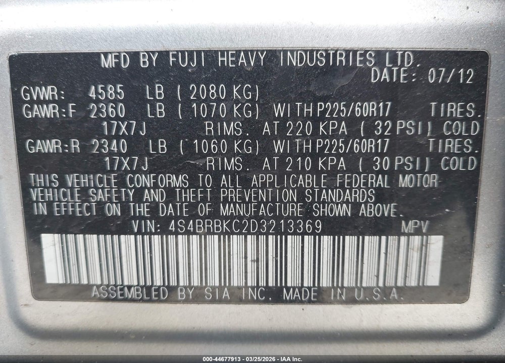 2013 SUBARU OUTBACK 2.5I LIMITED VIN: 4S4BRBKC2D3213369