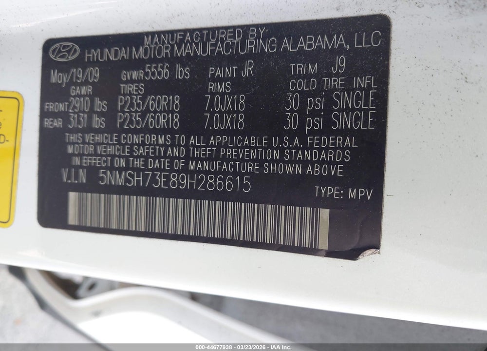2009 HYUNDAI SANTA FE LIMITED VIN: 5NMSH73E89H286615