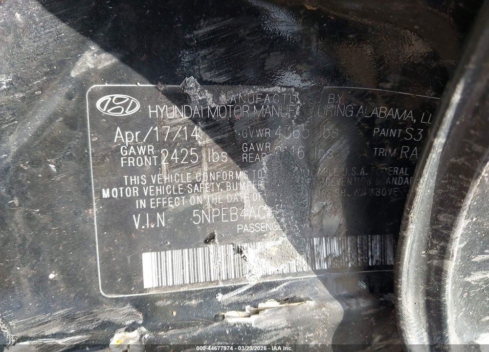 2014 HYUNDAI SONATA GLS VIN: 5NPEB4AC8EH934739