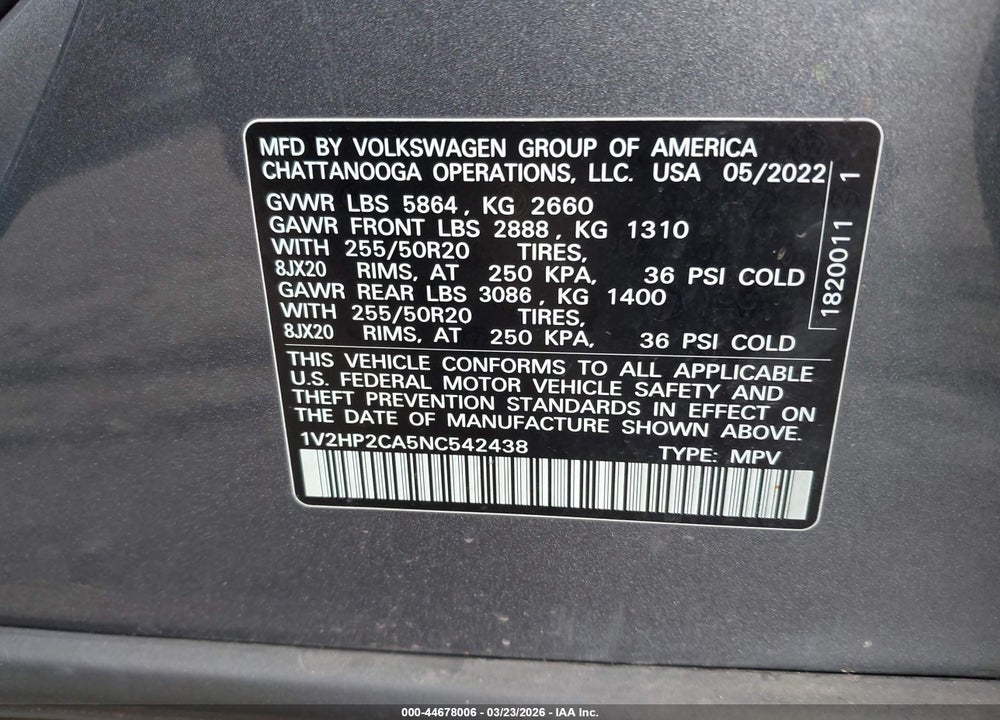 2022 VOLKSWAGEN ATLAS 2.0T SE W/TECHNOLOGY VIN: 1V2HP2CA5NC542438