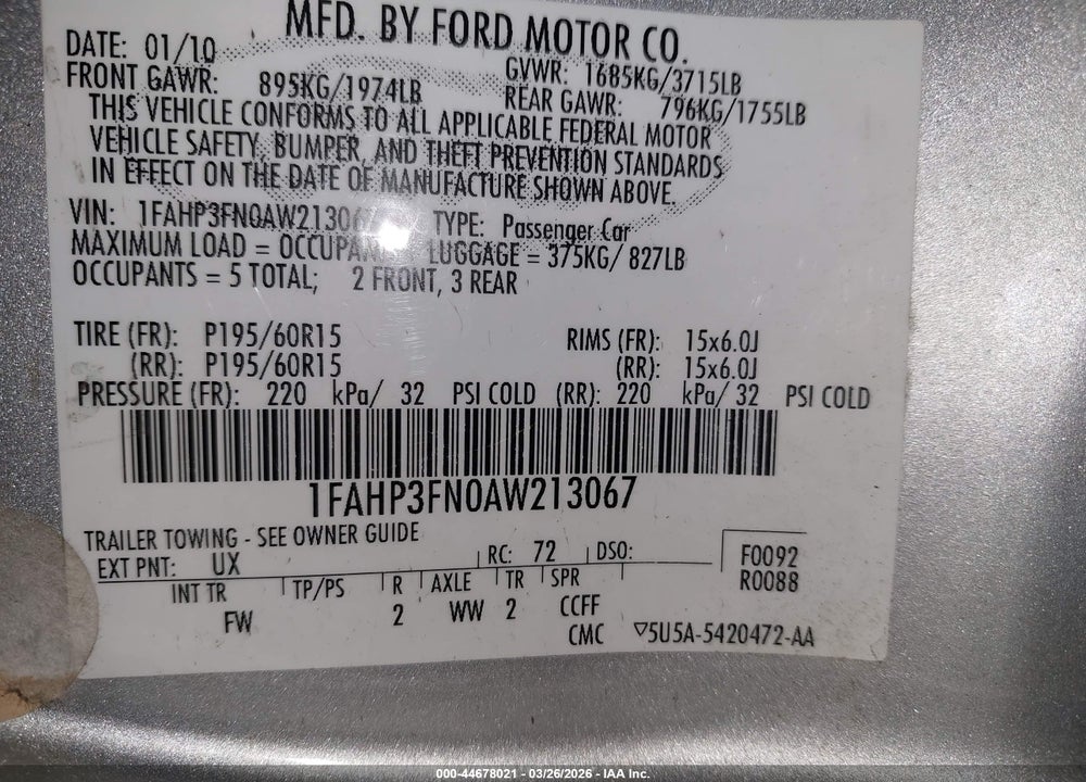 2010 FORD FOCUS SE VIN: 1FAHP3FN0AW213067