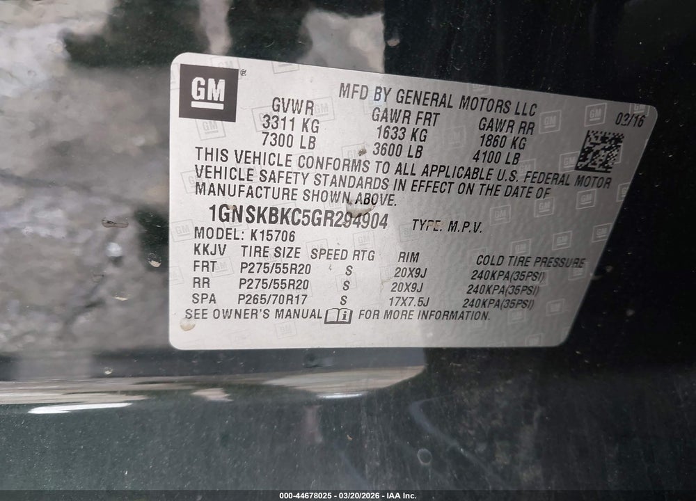 2016 CHEVROLET TAHOE LT VIN: 1GNSKBKC5GR294904