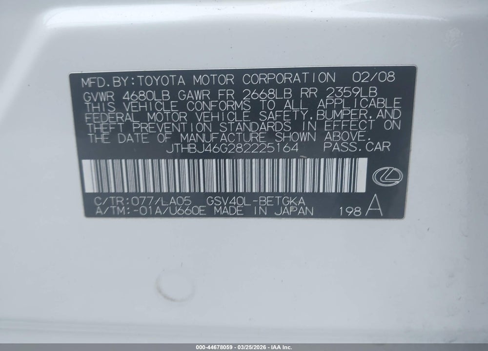 2008 LEXUS ES 350 VIN: JTHBJ46G282225164