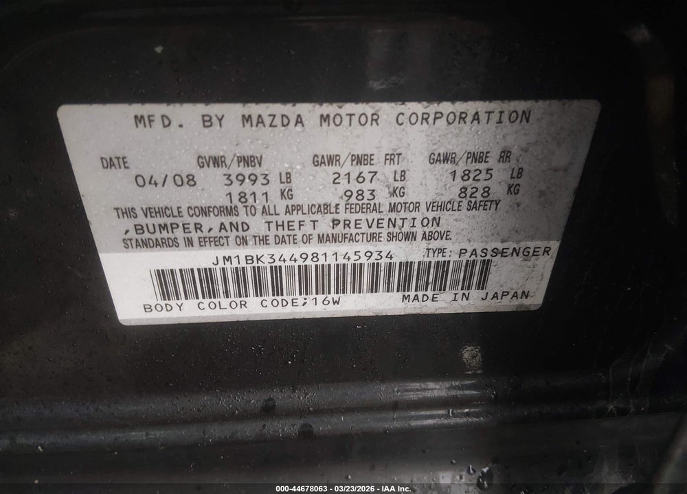 2008 MAZDA 3 S SPORT VIN: JM1BK344981145934