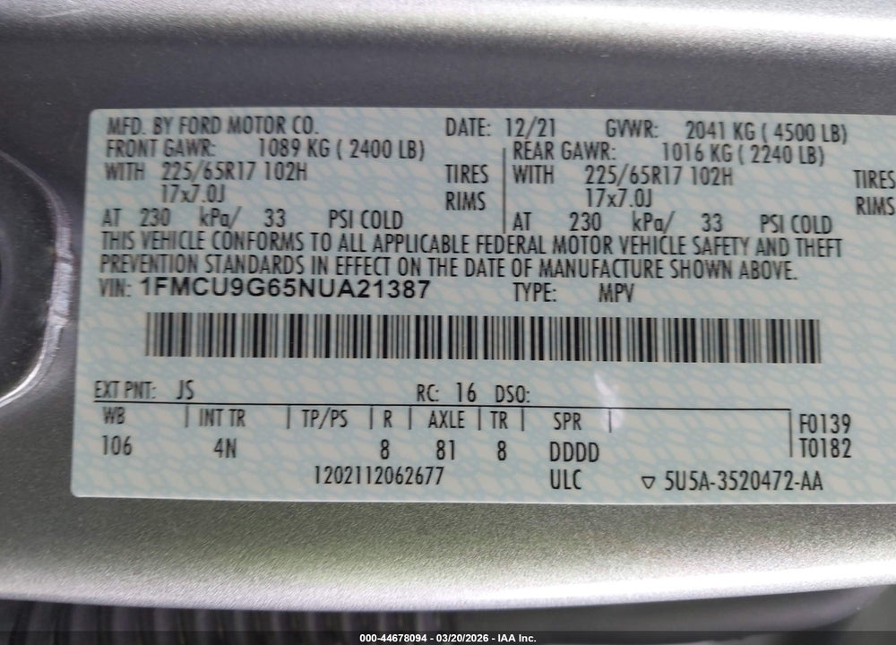 2022 FORD ESCAPE SE VIN: 1FMCU9G65NUA21387