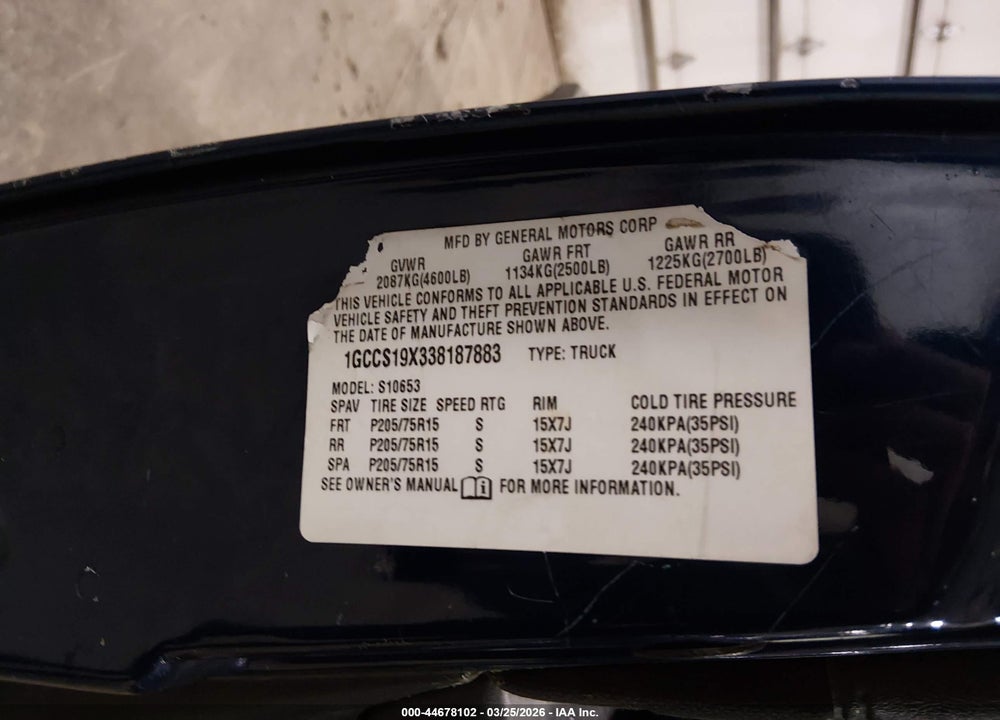 2003 CHEVROLET S-10 LS VIN: 1GCCS19X338187883