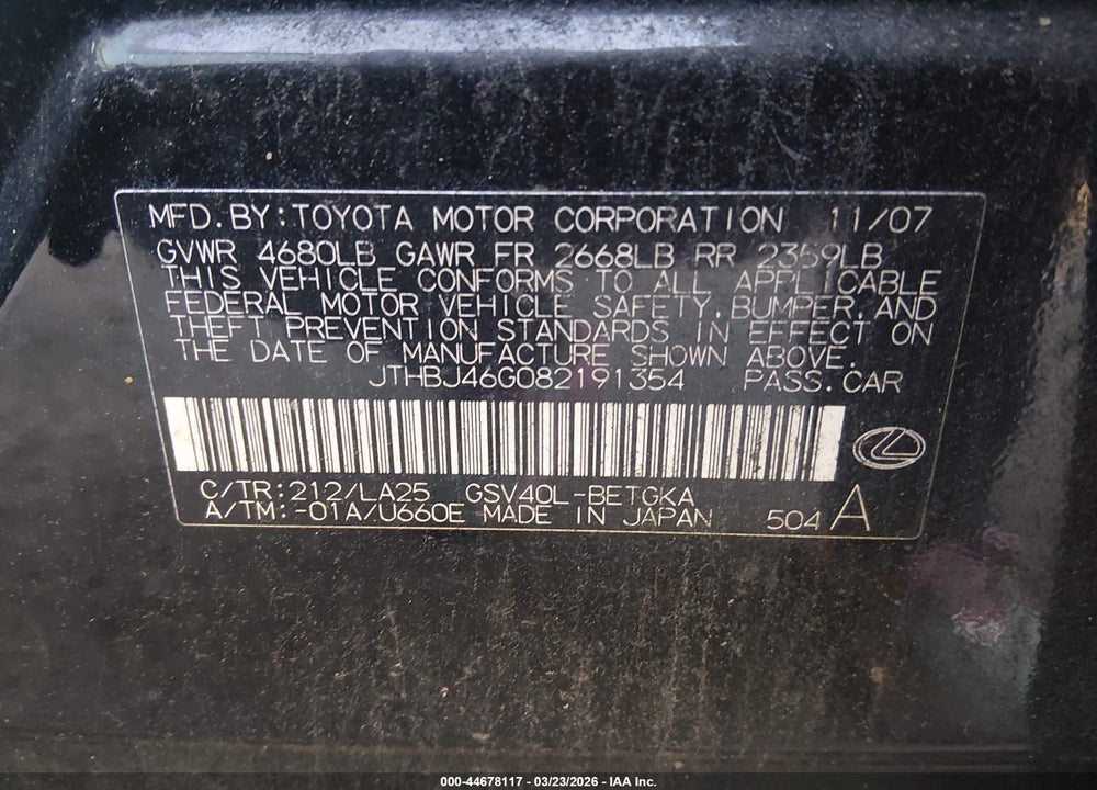 2008 LEXUS ES 350 VIN: JTHBJ46G082191354