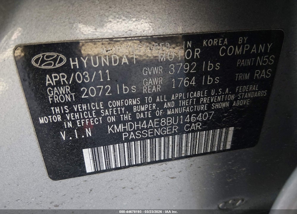 2011 HYUNDAI ELANTRA GLS (ULSAN PLANT) VIN: KMHDH4AE8BU146407