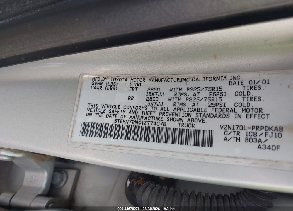 2001 TOYOTA TACOMA BASE V6 VIN: 5TEHN72N41Z774078