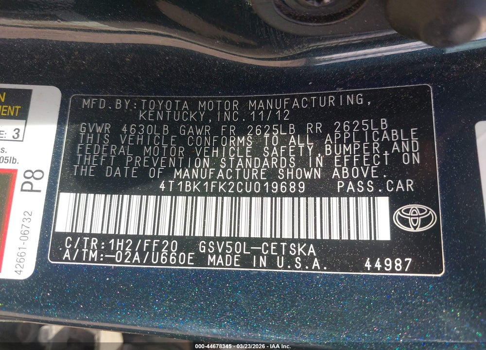 2012 TOYOTA CAMRY SE V6 VIN: 4T1BK1FK2CU019689