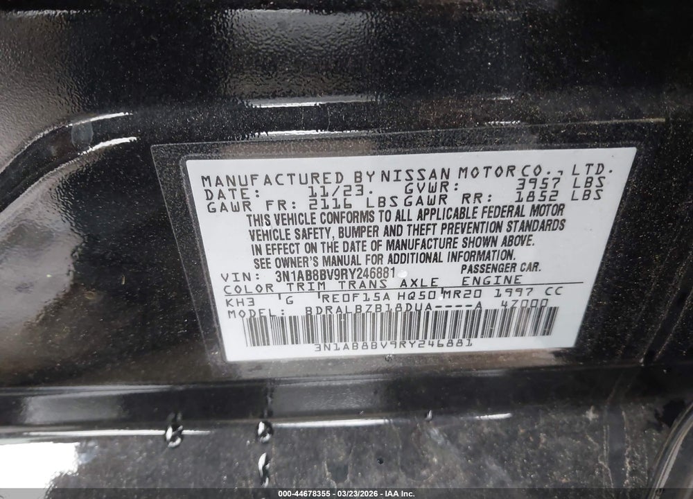 2024 NISSAN SENTRA S XTRONIC CVT VIN: 3N1AB8BV9RY246881