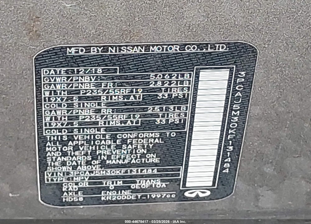 2019 INFINITI QX50 ESSENTIAL VIN: 3PCAJ5M30KF131484