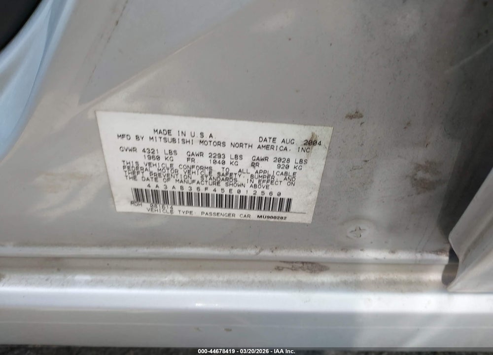 2005 MITSUBISHI GALANT ES/SE VIN: 4A3AB36F45E012560